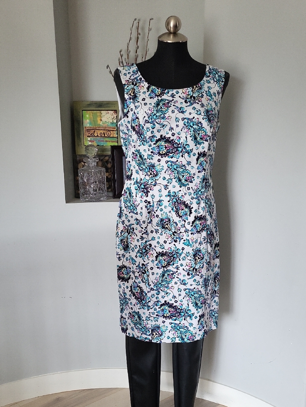 cleo White Sleeveless Midi Dress with Teal & Purple Paisley Print Size 12
